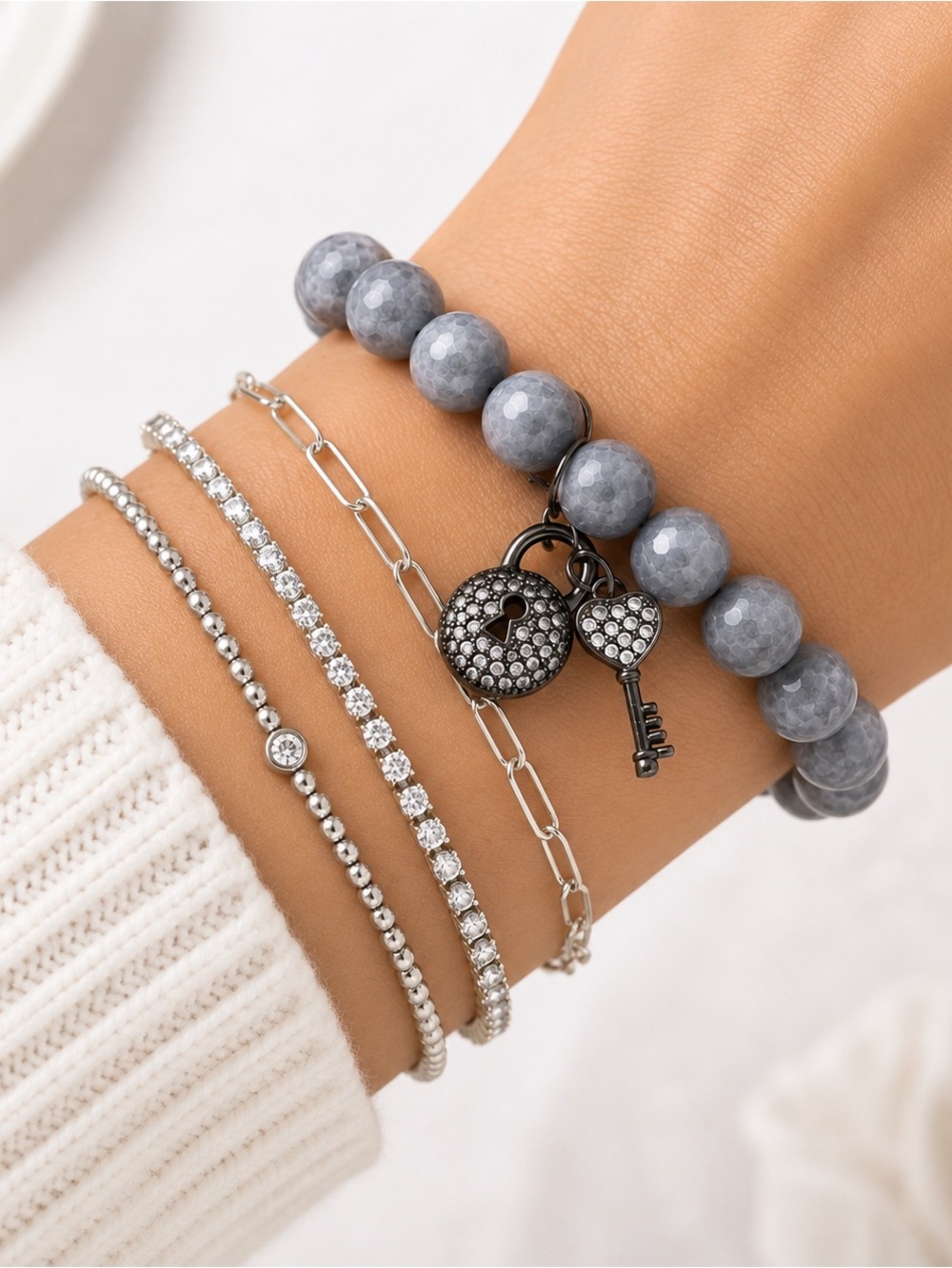 Gray Agate Key & Lock Charm Bracelet | Pave Crystal Charms | Stretch Beaded